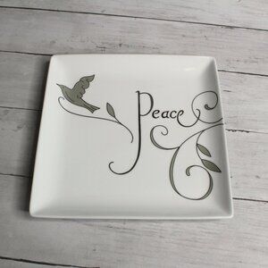 Christmas Dove Peace Porcelain Platter 8.5" Square White Silver Cookie Plate